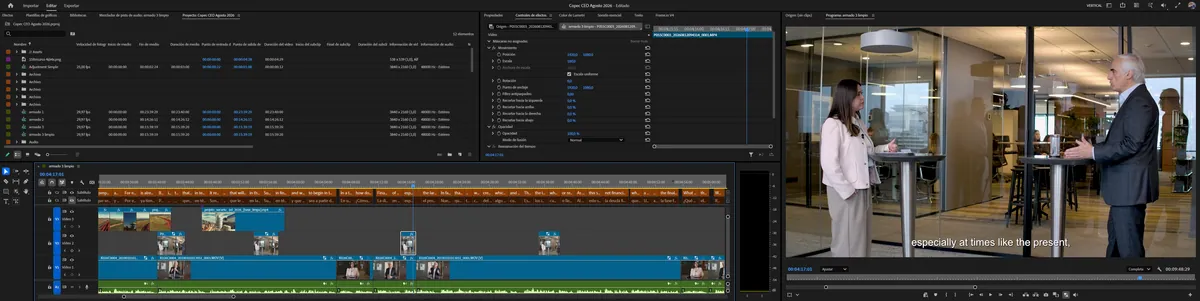 Panel de edición en Premiere Pro de la producción ejecutiva para Empresas Copec — DAR2